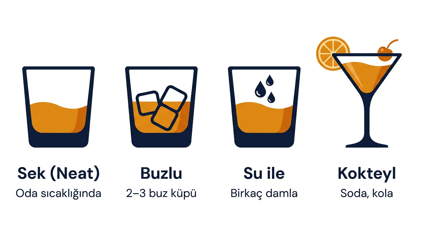 Viski içme yöntemleri — sek, buzlu, su ile ve kokteyl olarak servis önerileri